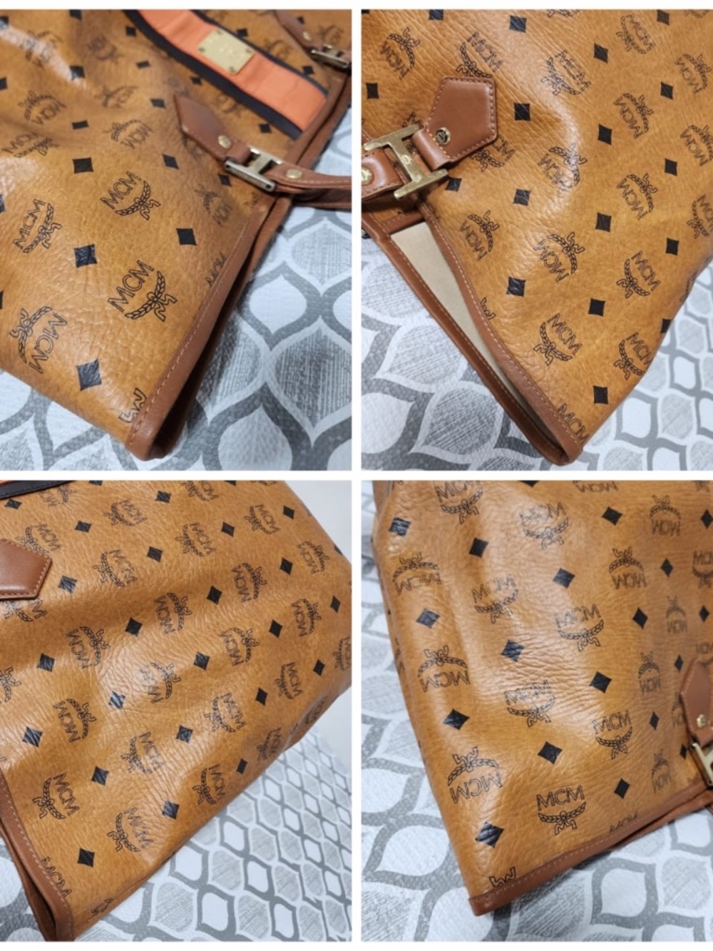 Authentic MCM Visetos Shopper Stripe XL Tote Bag Brown/Peach - Picture 11 of 14